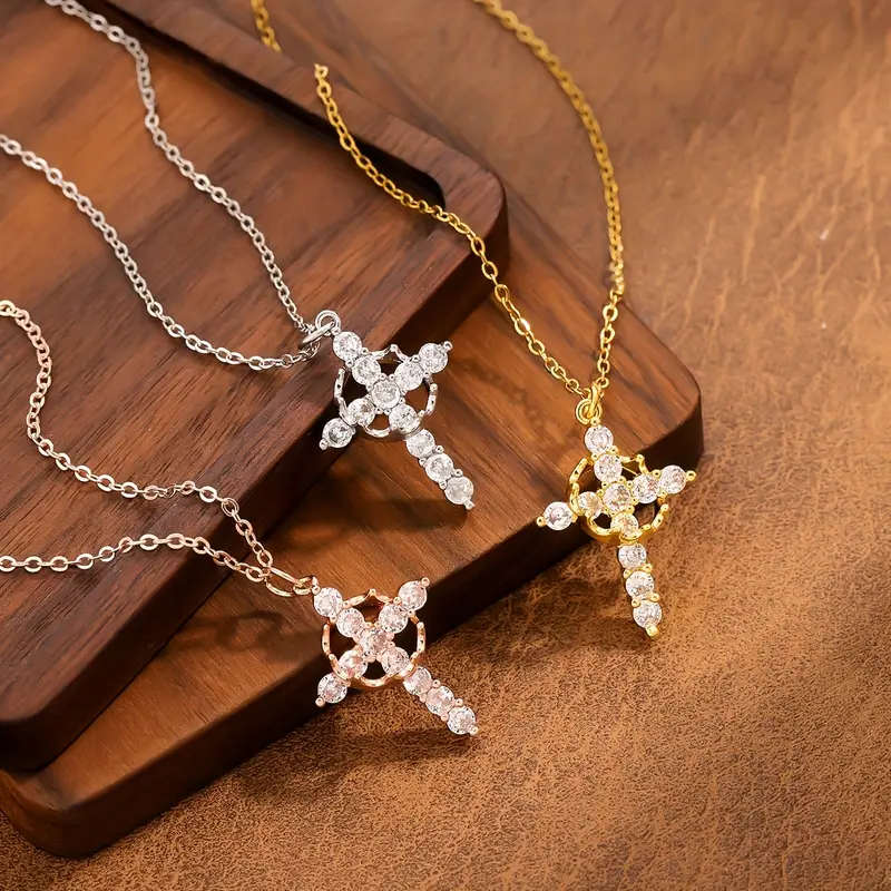1pc Classic Titanium Steel Titanium Steel Chain Necklace, Anti-fading, with Crown Cross Pendant, for