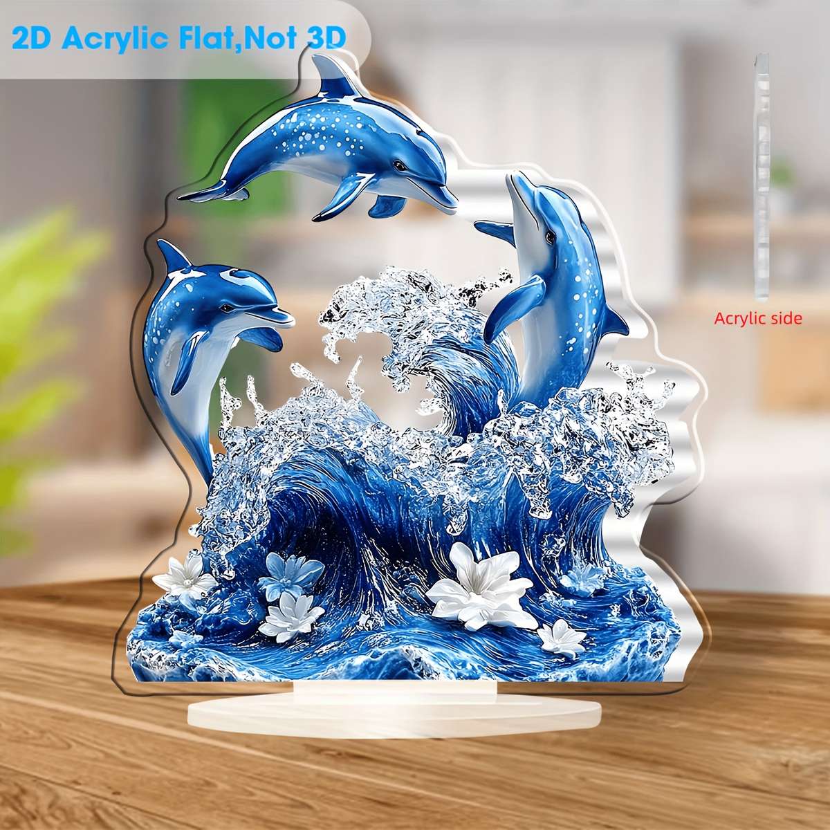 2D Flat Printing Blue Three Dolphins Acrylic Display Sign Cafe Bedroom Living Ro