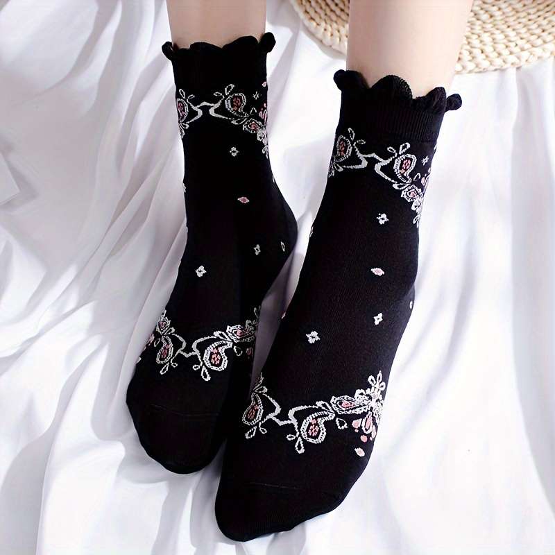 5 Pairs Black Series Flowers One Size High Elastic Socks
