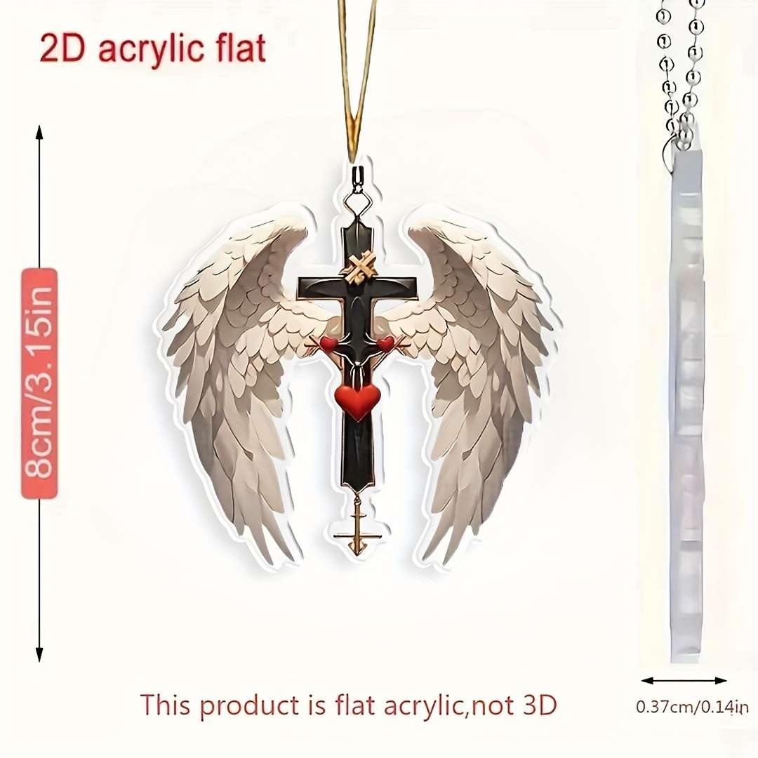 1pc 2D Flat   Acrylic Cross Pendant with Angel Wings Car Mirror Bag Keychain Accessory
