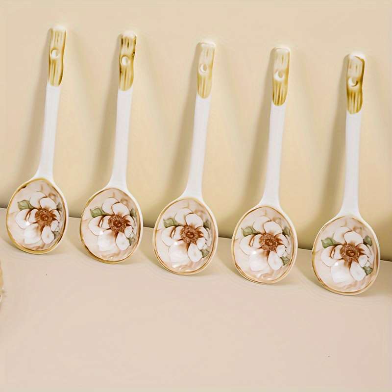 6pcs Elegant Long-Handle Ceramic Coffee Spoons with Floral Design Ideal for Serving Coffee T