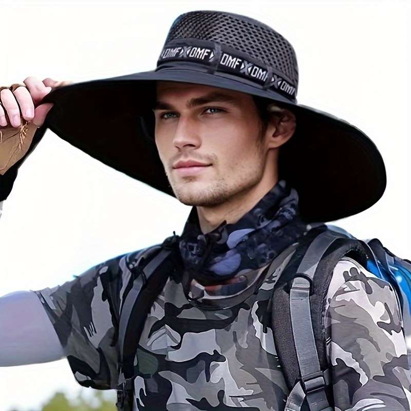1pc Men's Summer Wide Brim Fishing Hat with UV Protection Breathable Adjustable Drawstring Soli