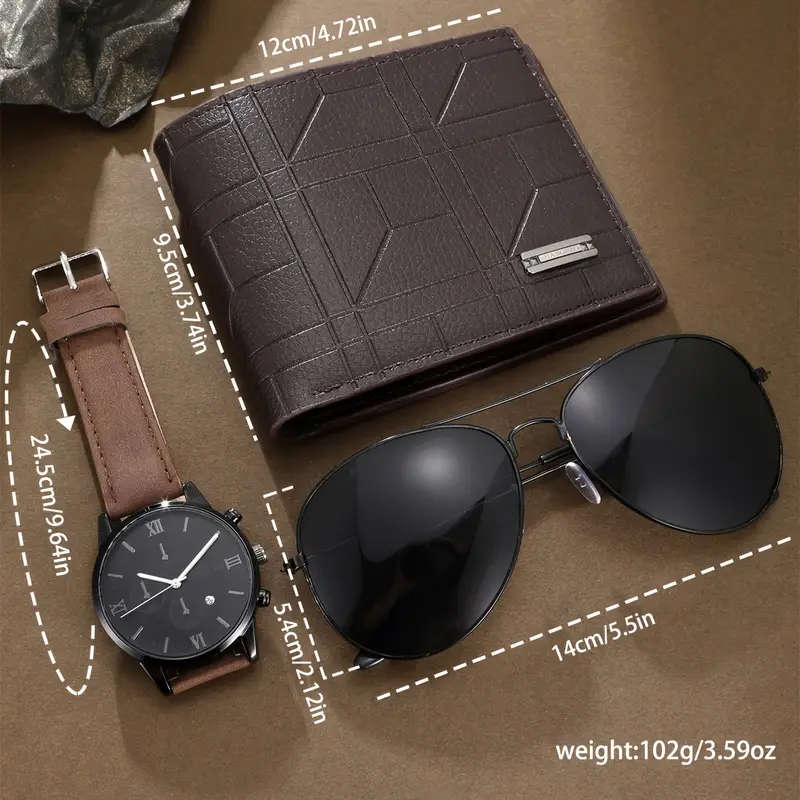 3pcs Men'S Gift Set Business Style Faux Leather Wallet Striped Pattern Hand Washable with Glasses an