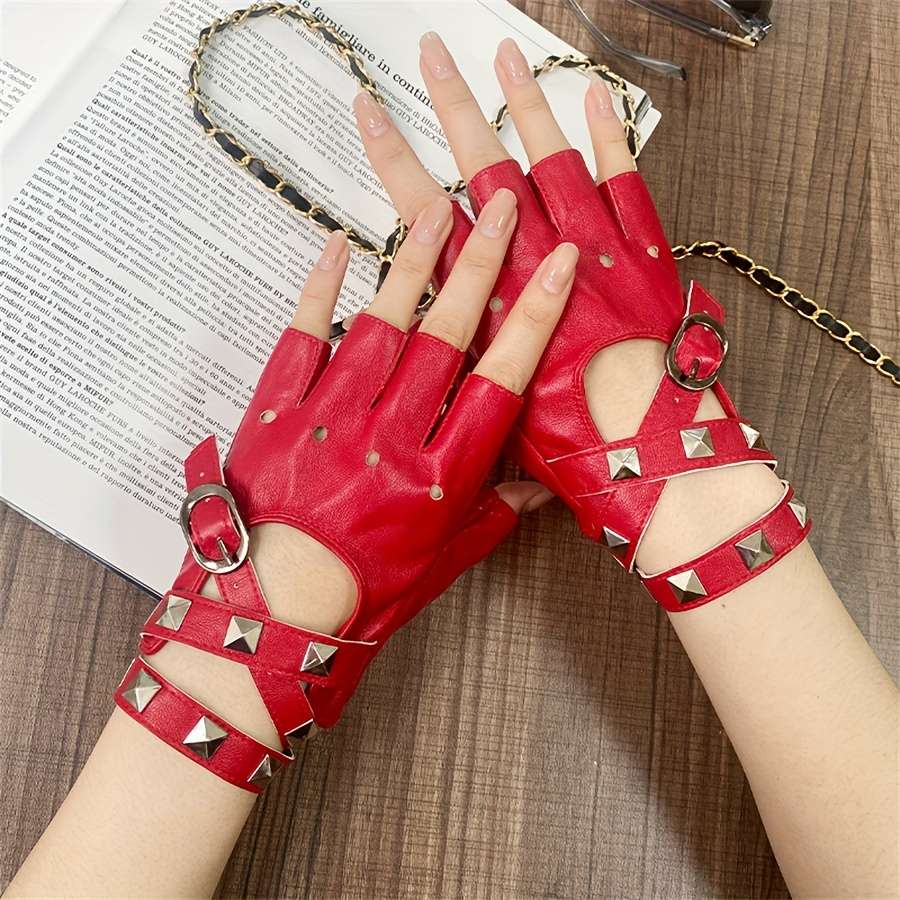 1 Pair Red Cyberpunk Gothic Split Finger Gloves