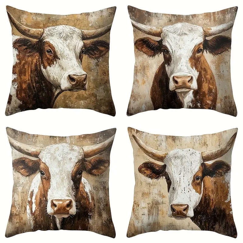 4 Piece Rustic Cow Print Zipper Pillow Covers - Warm & Cozy