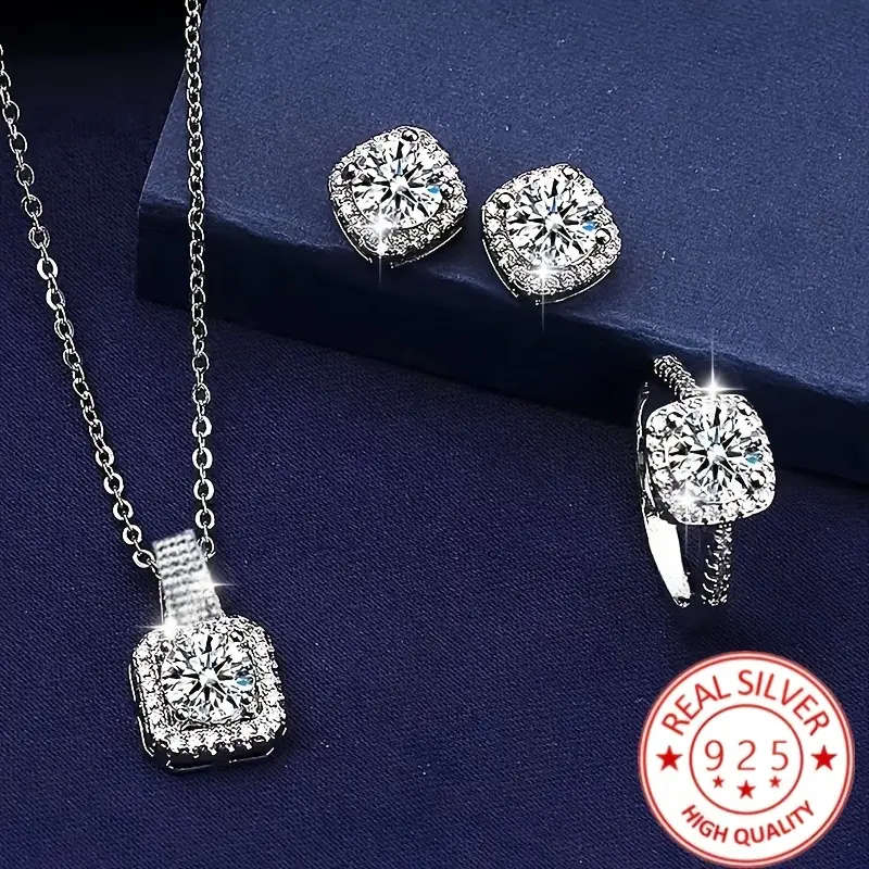 4 Piece Elegant 925 Silver Plated Pendant Necklace, Earrings and Rings Set