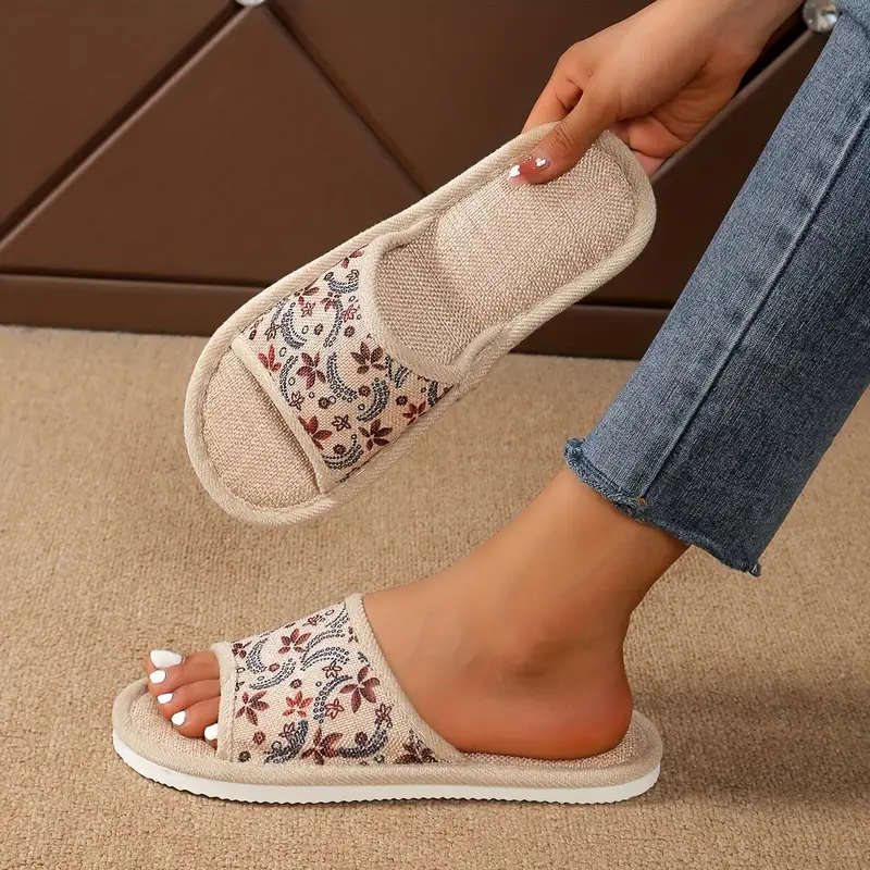 Floral Print Unisex Linen Slippers, Comfy Soft Sole Indoor Floor Shoes, Lightweight & Breathable