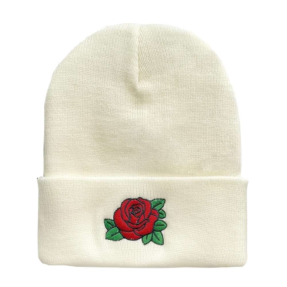 Embroidered Rose Beanie Hat 100% Acrylic Knit Cap with Elasticity Lightweight Winter Headwear