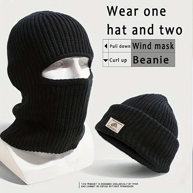 1pc 2-in-1 Polyester Knit Balaclava Beanie Hat with Windproof Face Mask Casual Style 90% Polyest