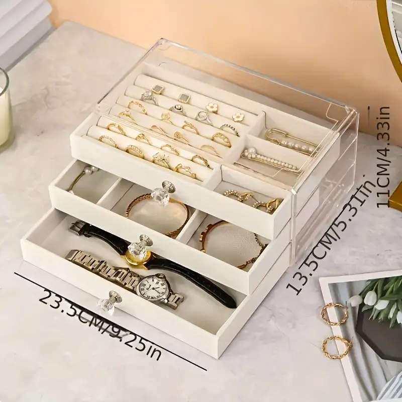 1pc 3-Tier Dust-Proof Acrylic Jewelry Organizer Box Elegant Modern Rectangular Tabletop Display Case