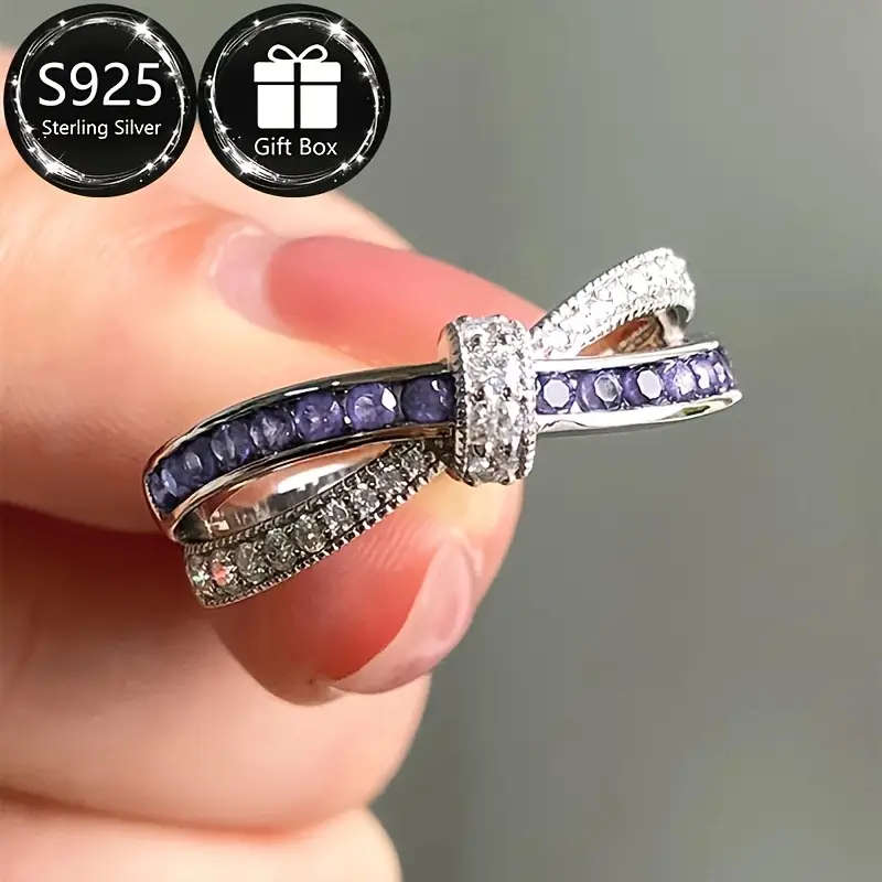 925 Sterling Silver Ring with Sparkling Purple Cubic Zirconia, Boho-Chic Style