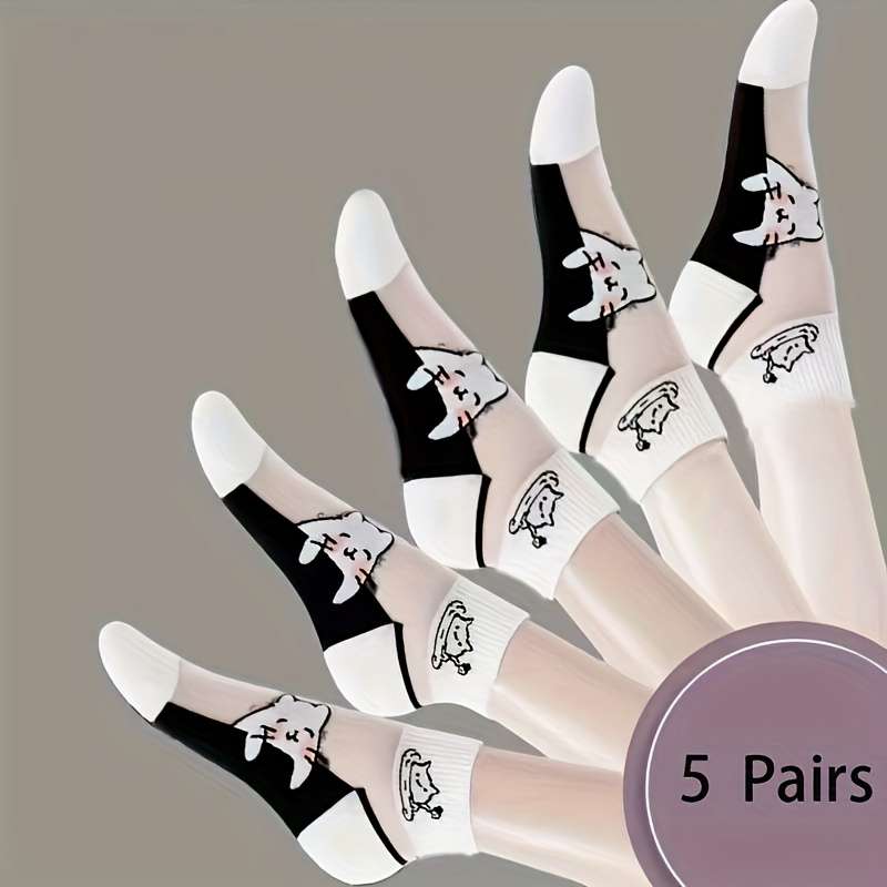 5 Pairs Black And White Cat A One Size High Elastic Socks