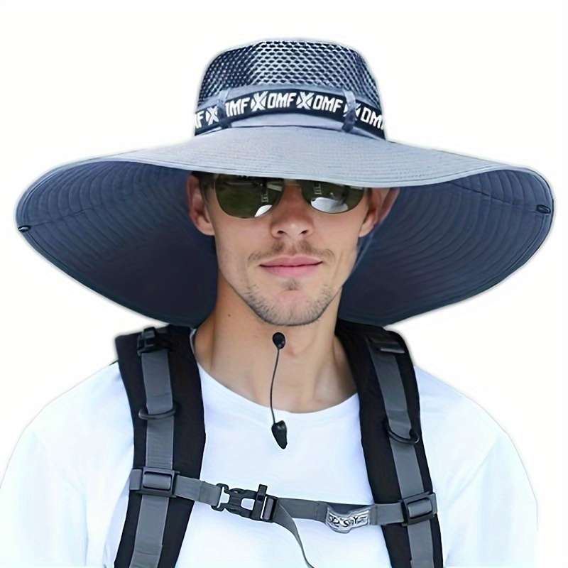 1pc Men's Summer Wide Brim Fishing Hat with UV Protection Breathable Adjustable Drawstring Soli