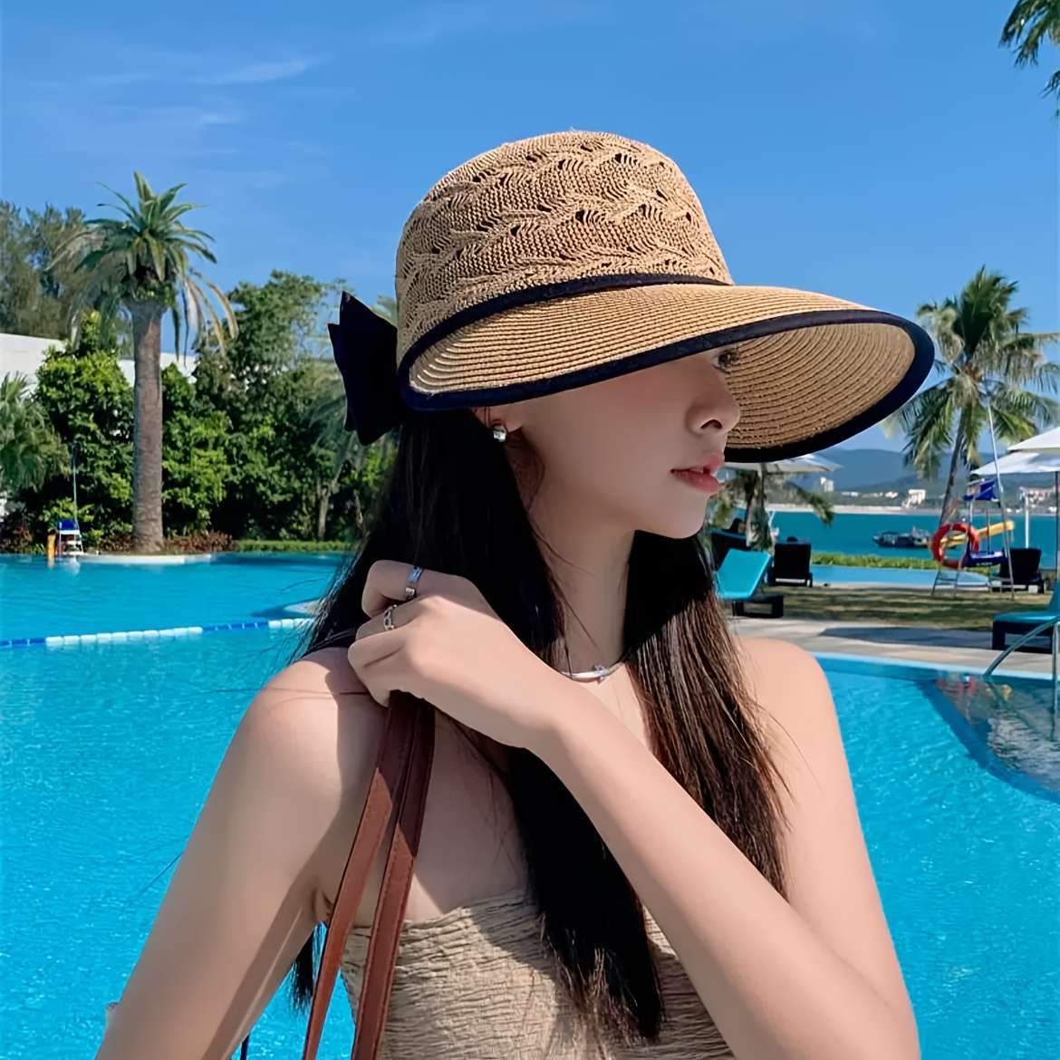 1pc Womens Stylish Summer Straw Sun Hat with Bowknot Breathable Foldable UV Protection Wi