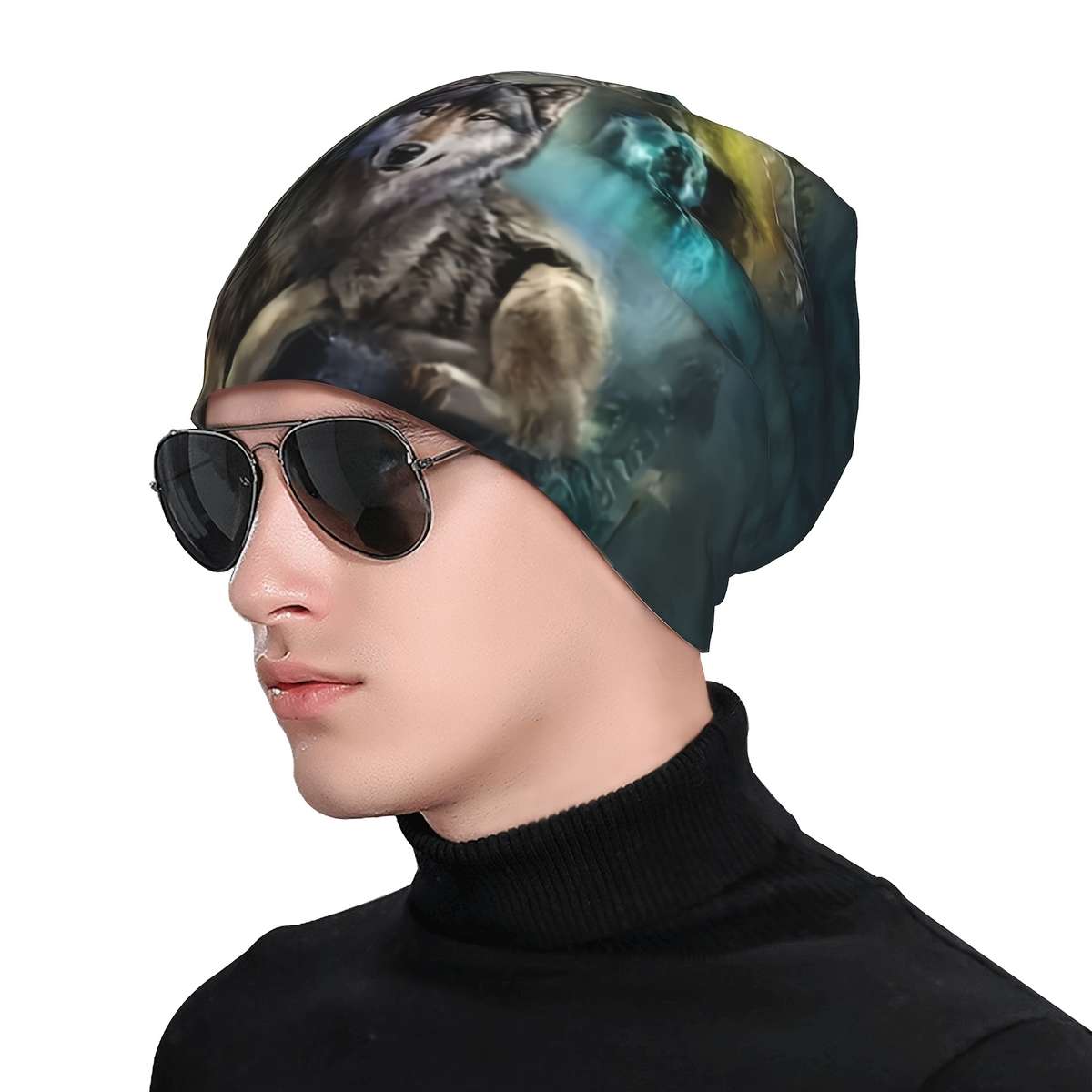 Wolf Print Brimless Skull Cap Polyester Spandex Blend Funky Style Soft Knit Fabric Wit