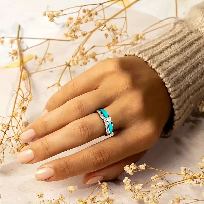 2 Piece Vintage Fashion Ring Set, Blue Imitation Cubic Zirconia