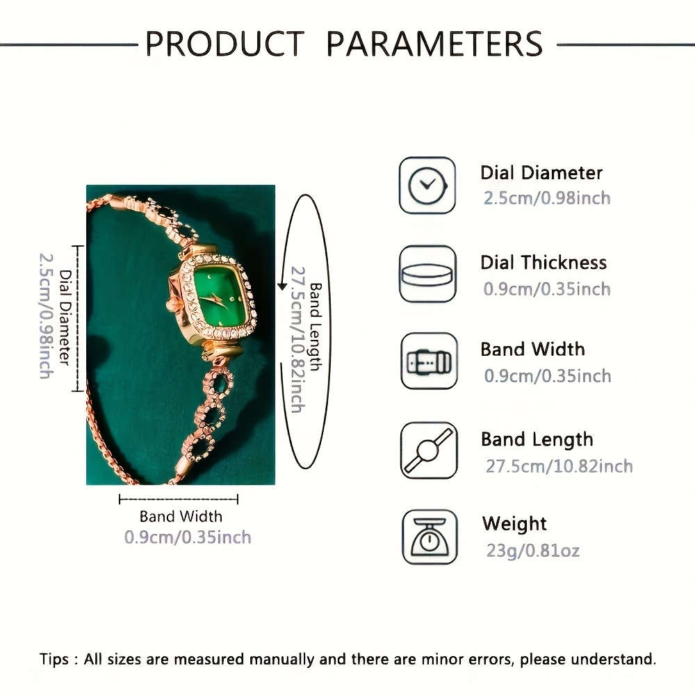 6pcs Set Elegant Women's Quartz Watch and Jewelry Set Luxurious Square Green Dial with Rhinestone Ac