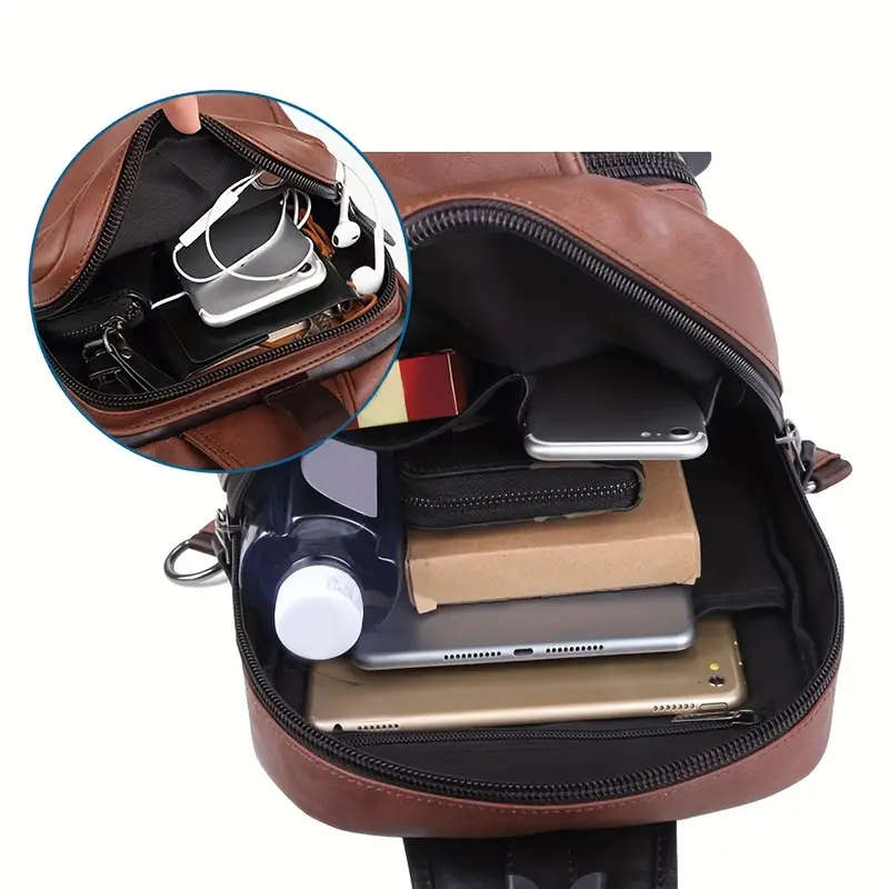 Men's Large Capacity Chest Backpack Retro Multi-layer Slant Shoulder Bag With Earphone Cables Hole