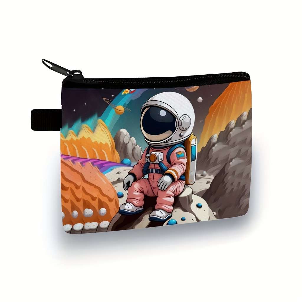 Women'S Casual Astronaut Space-Themed Coin Purse Durable Polyester Machine-Washable Zipper