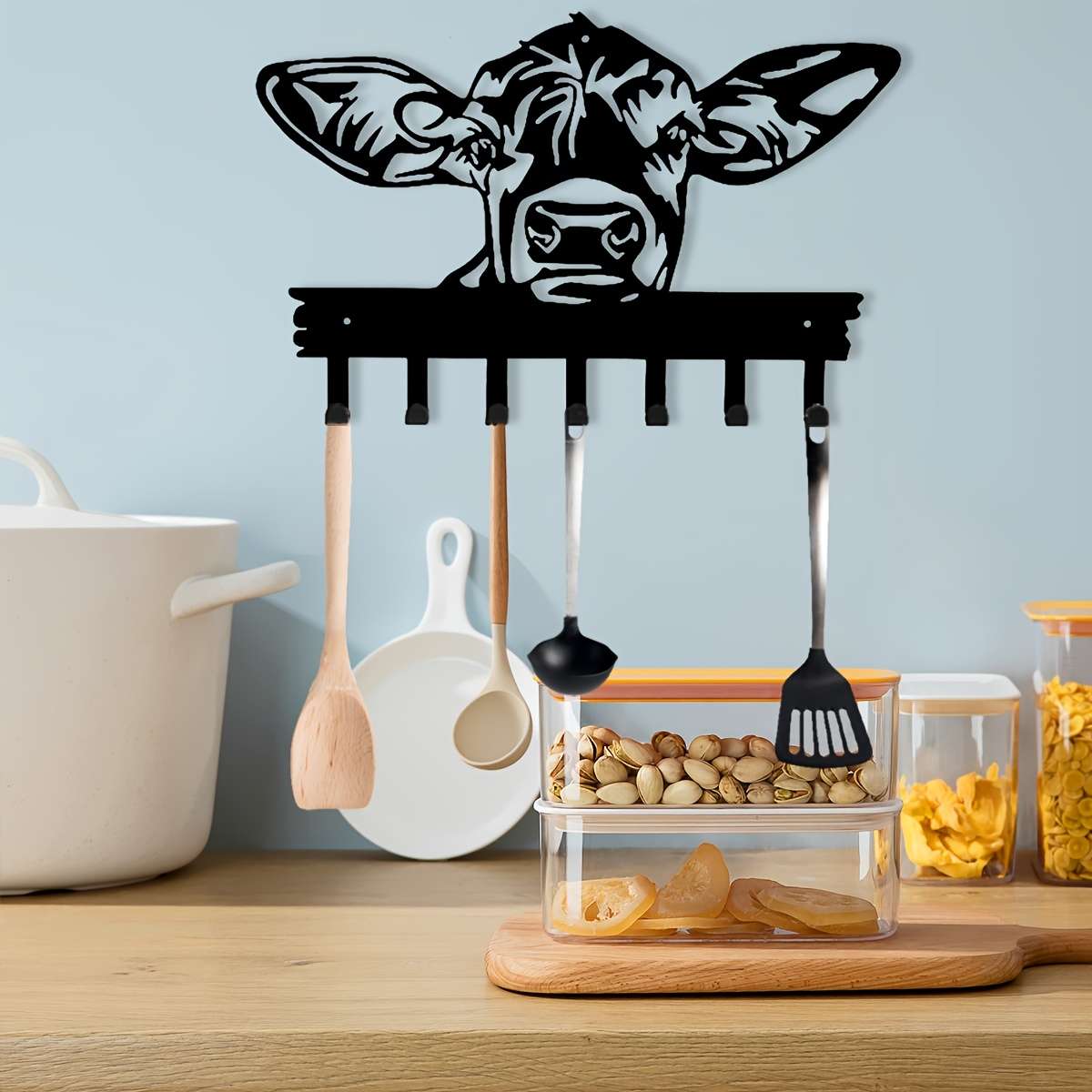 Chic Cow-Head Metal Key Coat Hook Rackrustic Black Wall-Mounted Design With Powder-Coated F
