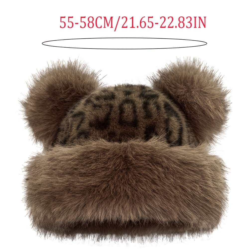 Thick Breathable Faux Fur Leopard Print Beanie With Bear Ears Chic Plush Hat