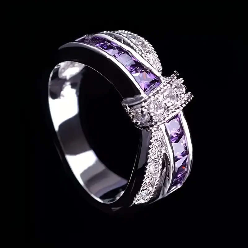 925 Sterling Silver Ring with Sparkling Purple Cubic Zirconia, Boho-Chic Style