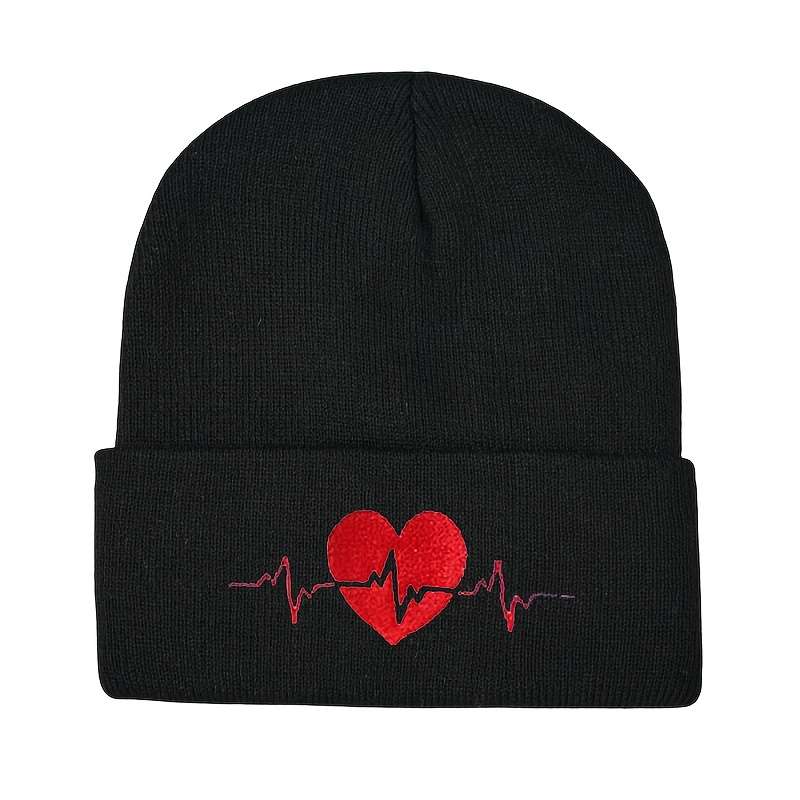 Heartbeat Embroidered Beanie Soft Acrylic Knit Winter Hat Elastic Lightweight Machine