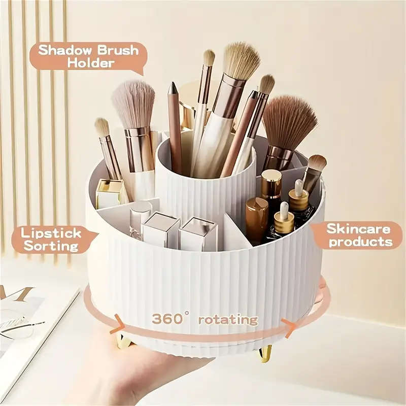 1pc 360° Rotating Makeup Organizer Plastic Cosmetic Storage with 5 Compartments Multi-Functional