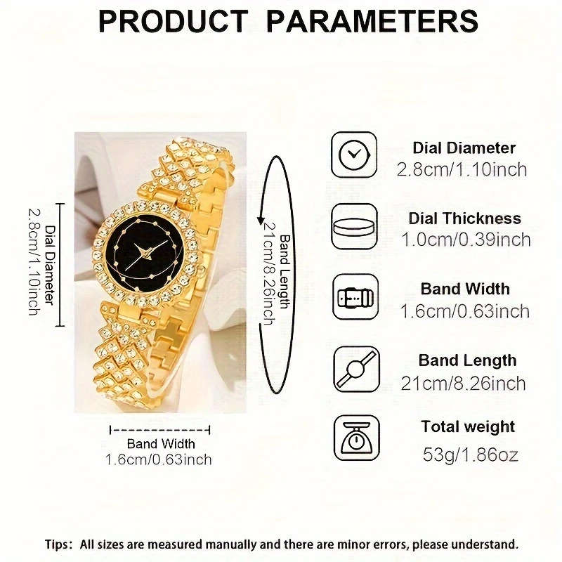 6pcs set Elegant Women's Quartz Wrist Watch Set with Simple Round Alloy Case Rhinestone Accents Poin