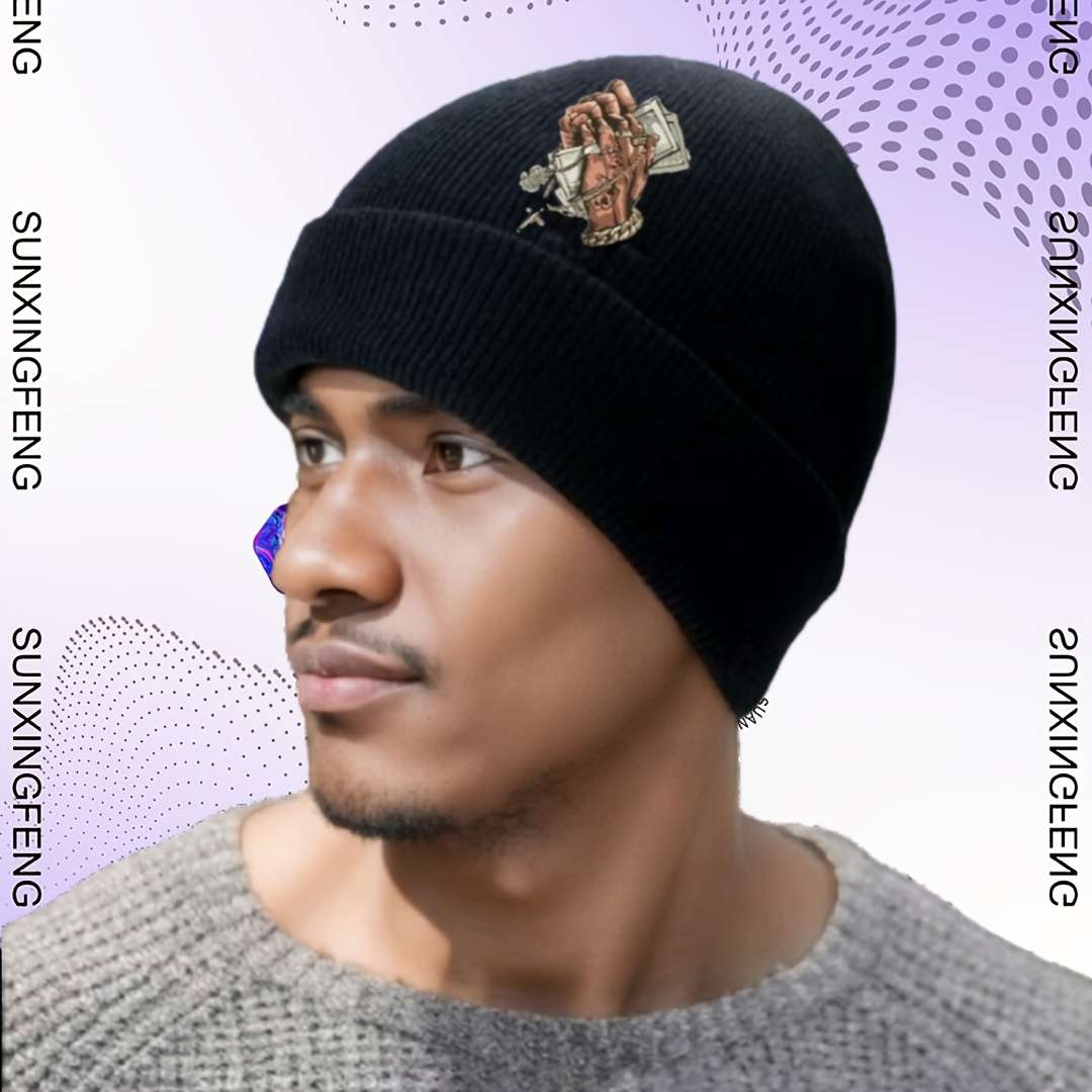 Men'S Hip Hop Style Black Knit Beanie With Cross Pattern Warm Stretchy Machine Washable