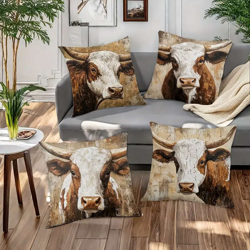 4 Piece Rustic Cow Print Zipper Pillow Covers - Warm & Cozy