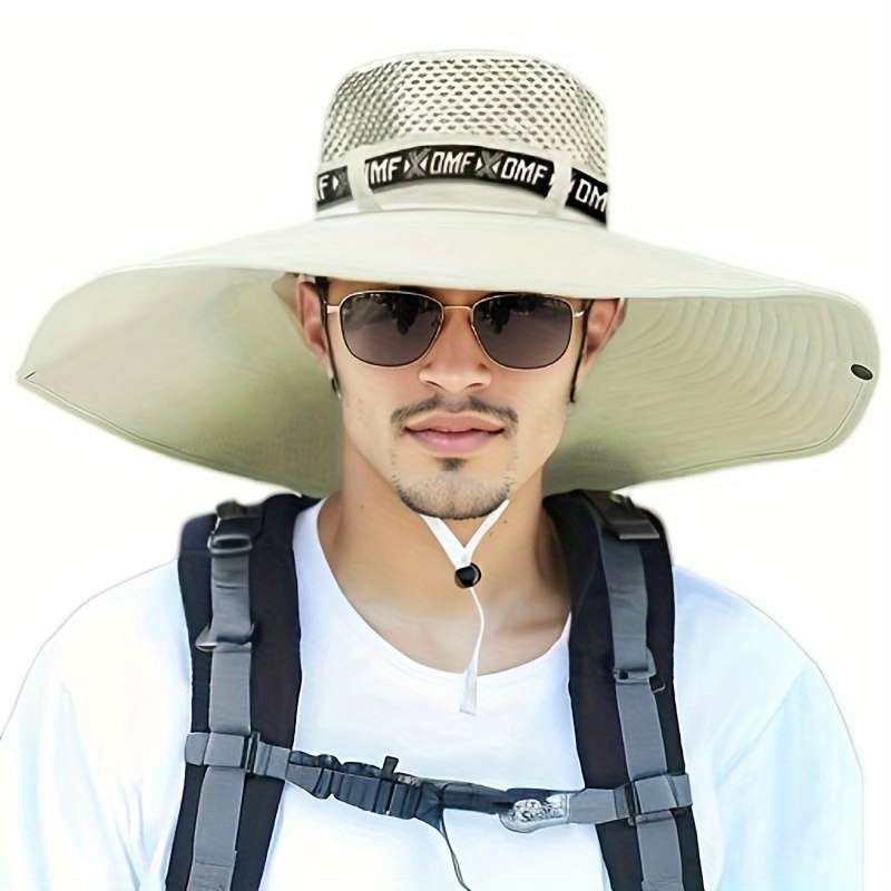 1pc Men's Summer Wide Brim Fishing Hat with UV Protection Breathable Adjustable Drawstring Soli