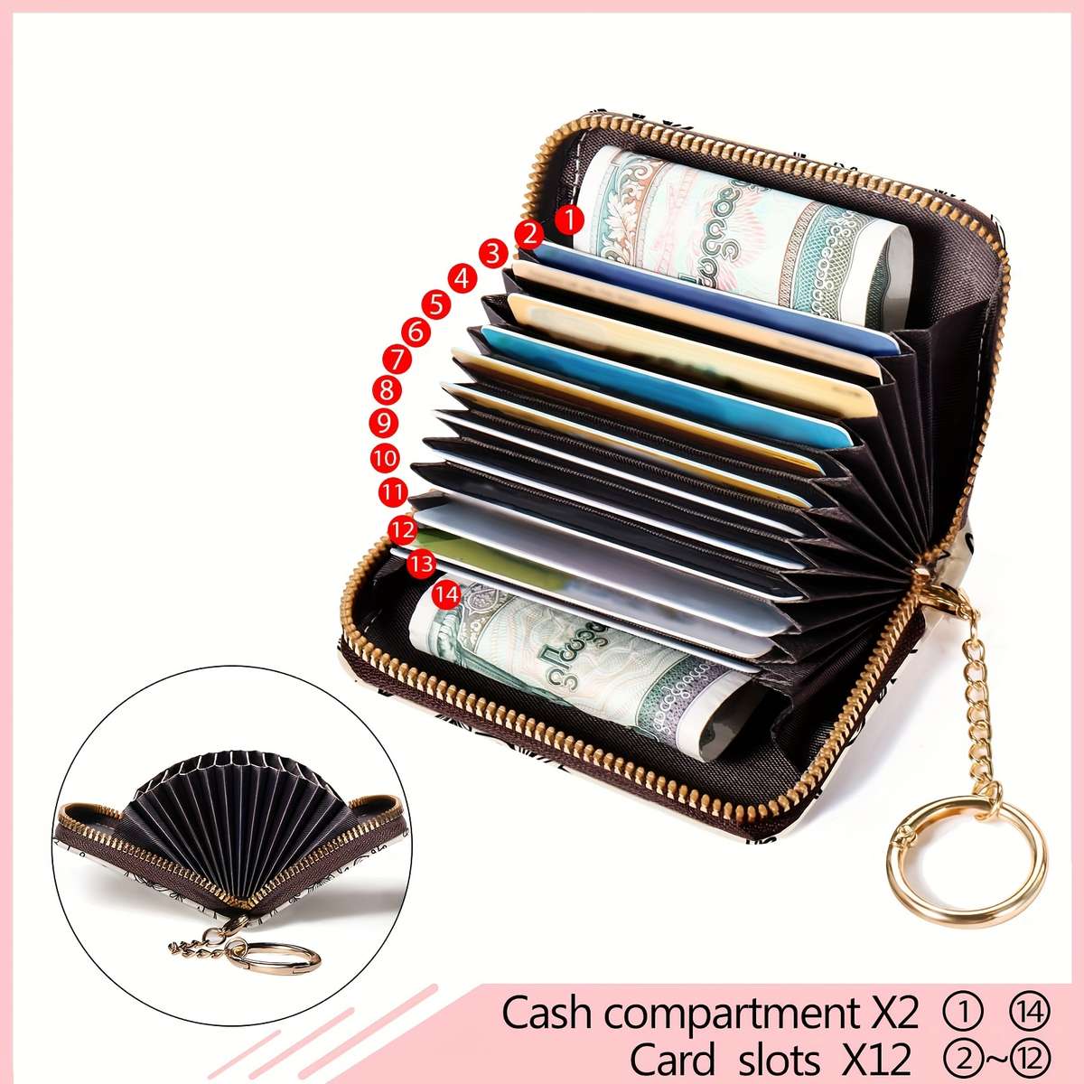 1pc Gothic Bat Zipper Wallet for Women Compact RFID Blocking Card Holder with Keychain Floral