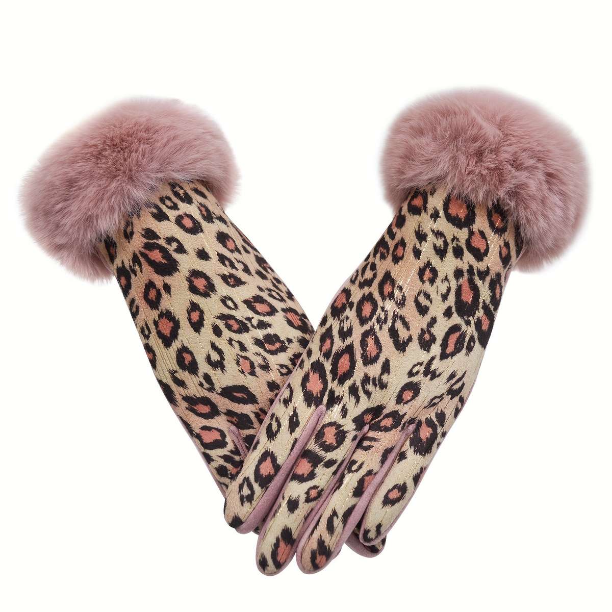 1 Pair Leopard Print Hair Mouth Pink Brown Warm Gloves