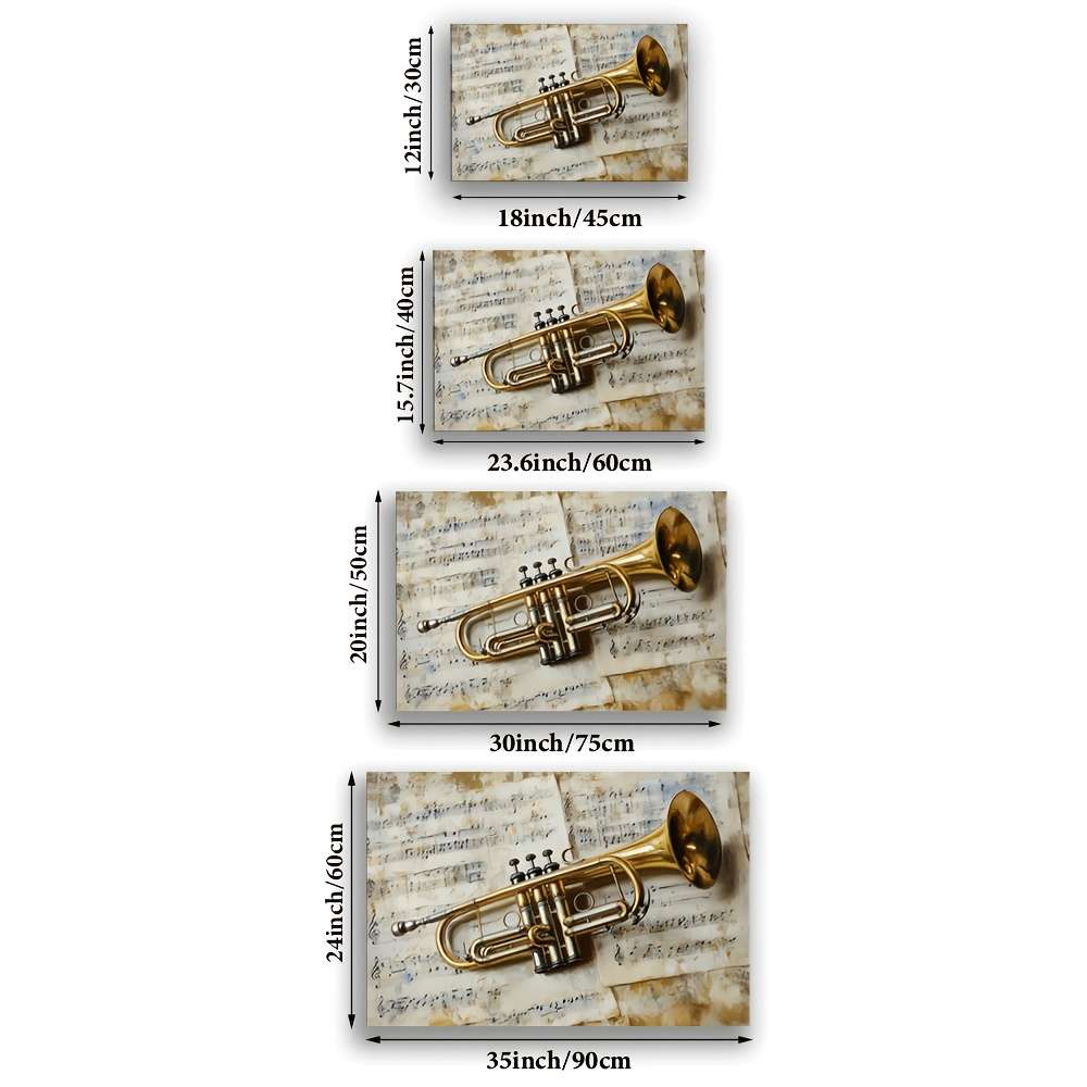 2D Flat Unframed Canvas Art Golden Trumpet with Music Notes Abstract Music-Themed Wall