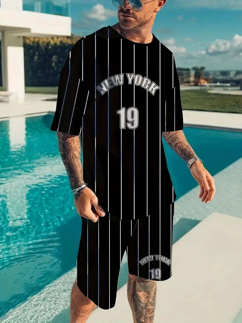 Men's Two-Piece Set, Round Neck Short Sleeve T-Shirt and Drawstring Shorts