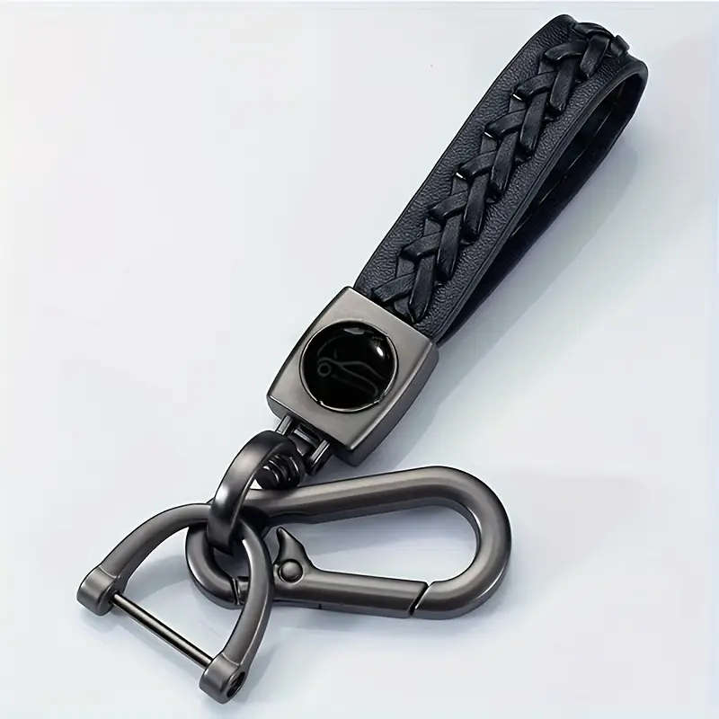 1 x Men's Braided PU Leather Strap Car Keychain Silvery