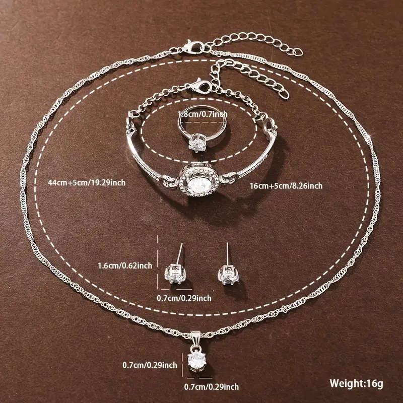 6-Piece Women's Fashion Quartz Watch Silver Rhinestone Necklace Earring Ring Set