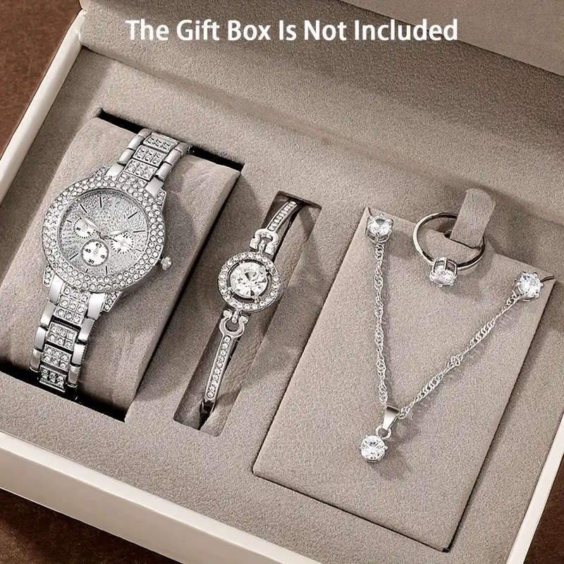 6-Piece Women's Fashion Quartz Watch Silver Rhinestone Necklace Earring Ring Set