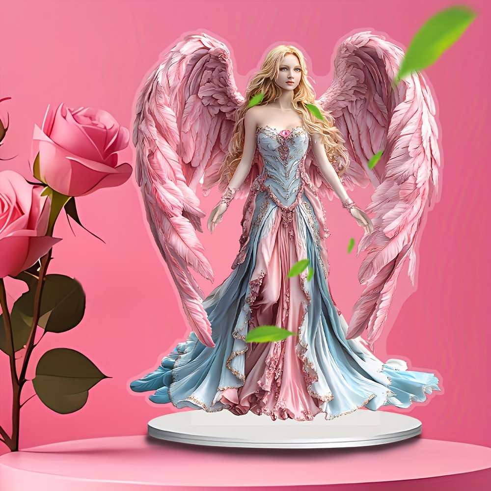 1pc 2D Flat   Bohemian Angel Figurine with Pink Wings Acrylic Desktop Decor Elegant Paste