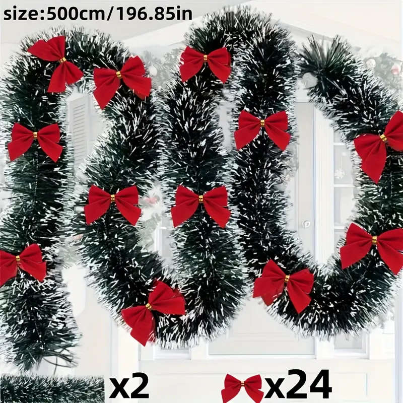393.7 Inches - 2-Piece Set With Red Bow And Dark Green And White Snowflake Christmas Wreath Decorati
