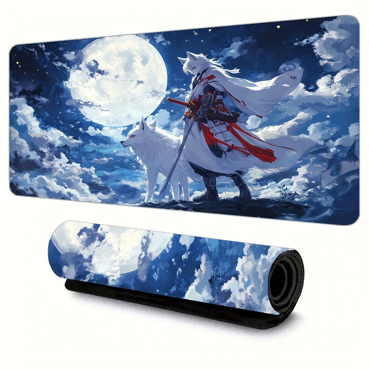1pc 40x90cm Full Moon Night Fox Warrior Style Rubber Non-Slip Mouse Pad