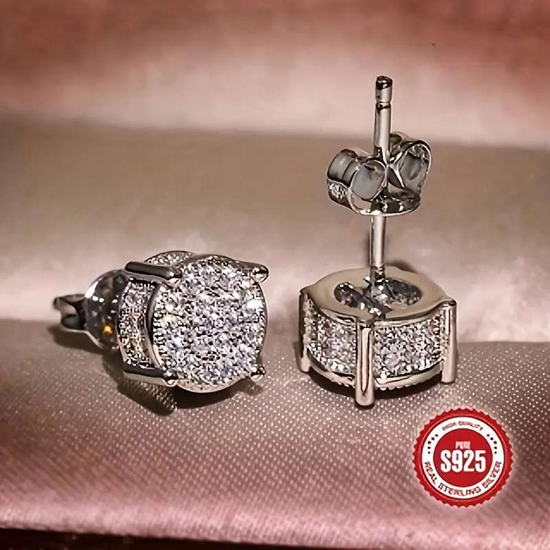 Pair of 925 Sterling Silver Round Synthetic Zirconia Rhinestone Stud Earrings