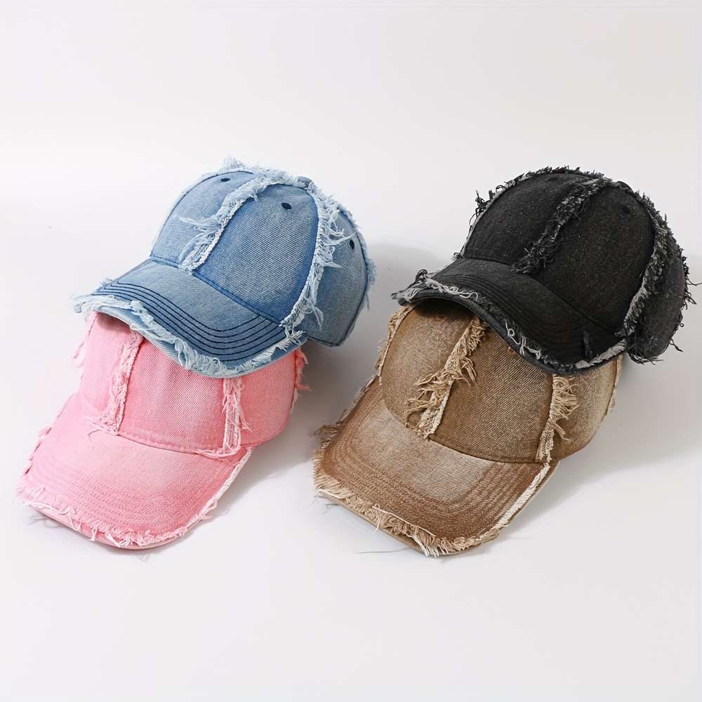 1 Trendy Two-Toned Baseball Cap with Distressed Frayed Brim Adjustable Dad Hat for Sun Protec