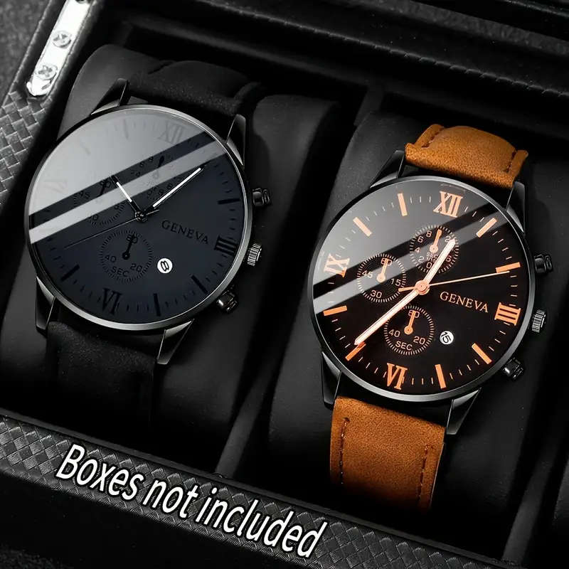 2-Piece Luxury Men's Leather Strap Quartz Watch Set with Calendar  Perfect Gift
