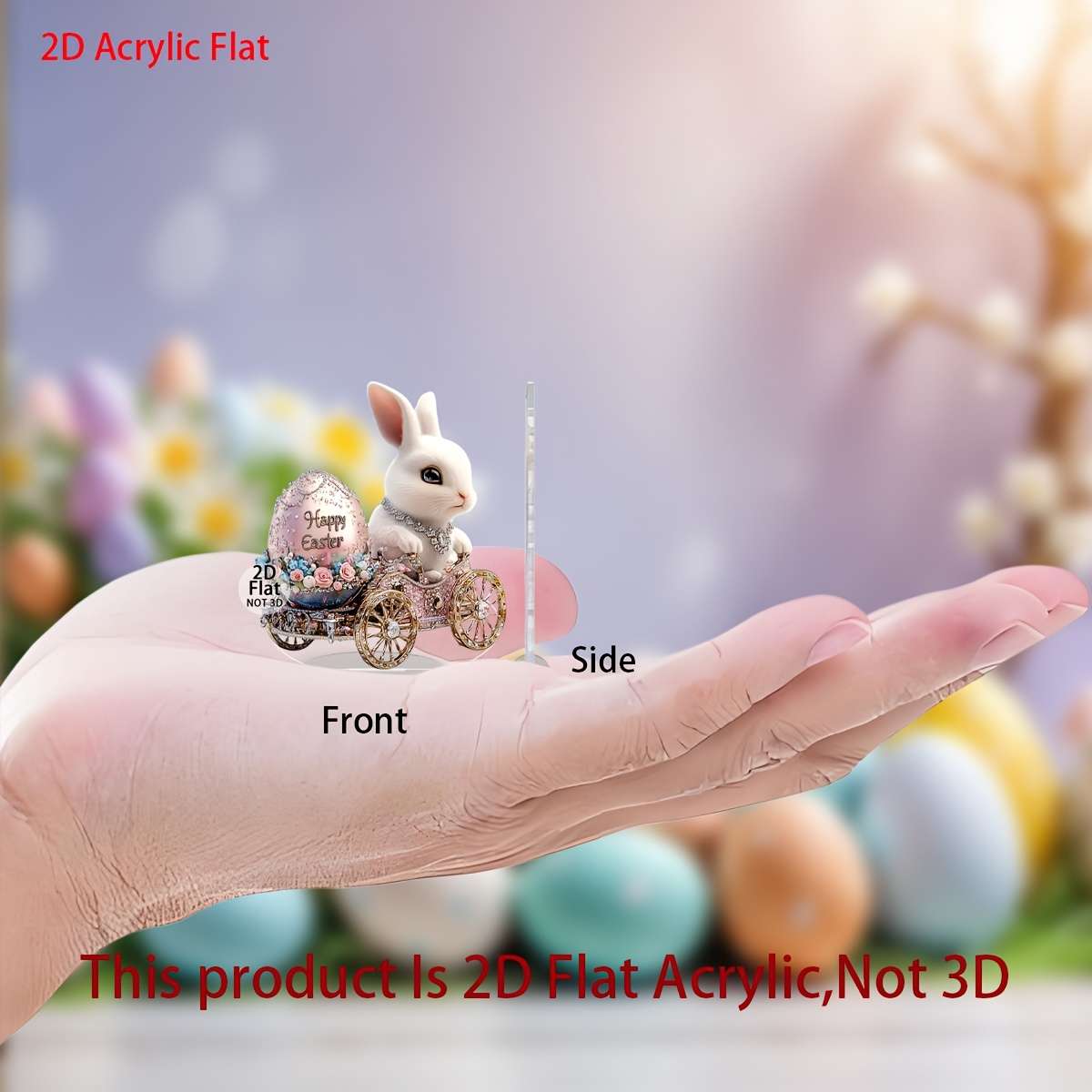 1pc 2D Flat   Easter Bunny Acrylic Ornament  Rabbit Riding Decorative Egg with Floral D