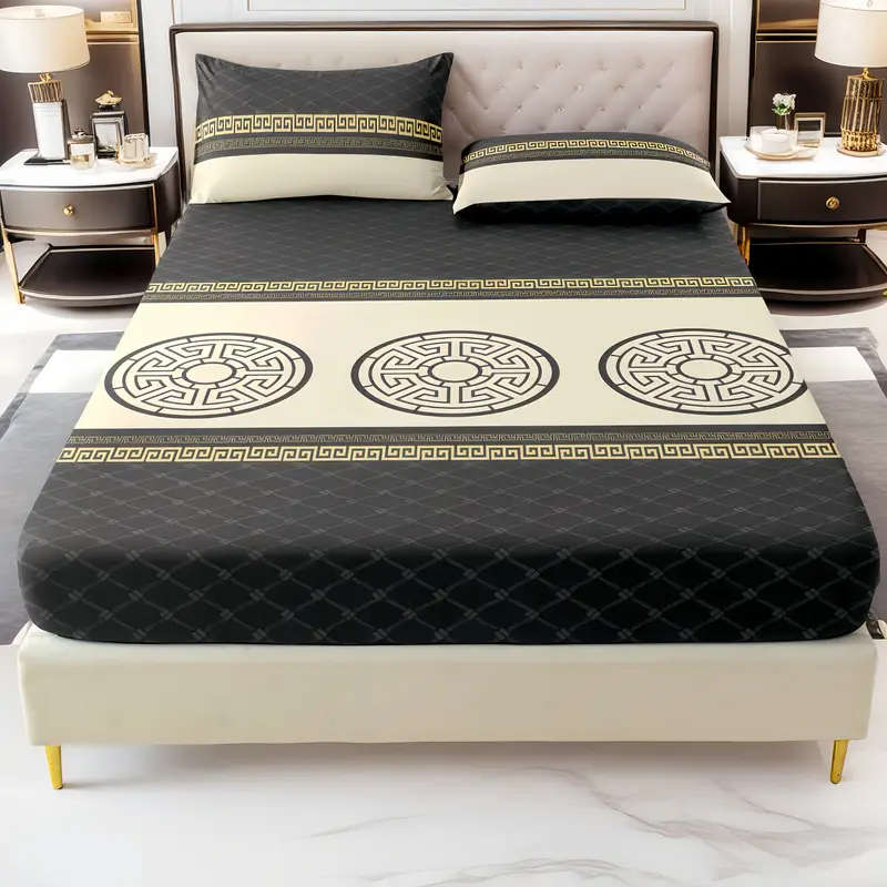 3-Piece Stylish Classic Dark Grey Gold Ring Fitted Sheet Set 200cm*220cm