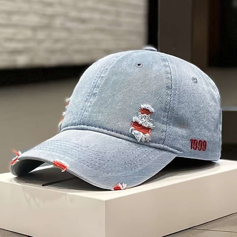 1pc Unisex Denim Baseball Cap 1999 Distressed Embroidery Lightweight Adjustable Button Closure