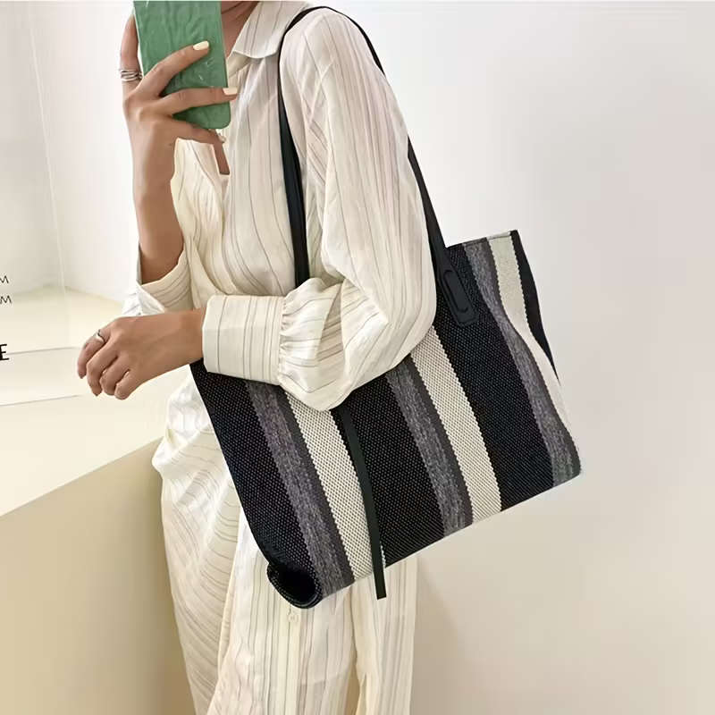 Simple Vertical Stripes Large-Capacity Handbag Brown