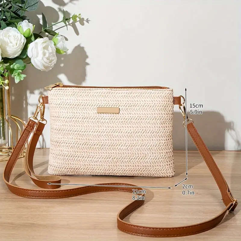 Straw Woven Handbag, Small Lightweight And Safe With Zipper Closure